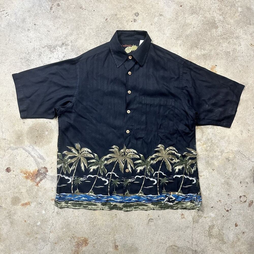 VTG 90s Caribbean Palm Trees AOP Button Up Silk Hawaiian Shirt Shirt Size XL